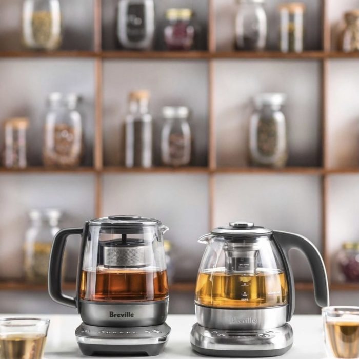 two versions of the breville tea maker sitting on counter with brewed tea in pots