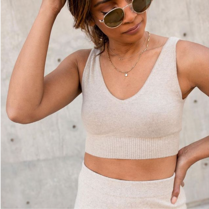 woman wearing tan cashmere crop top