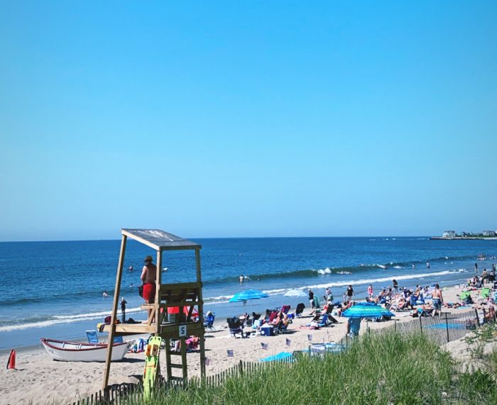 looking out at the beach with bright blue skies