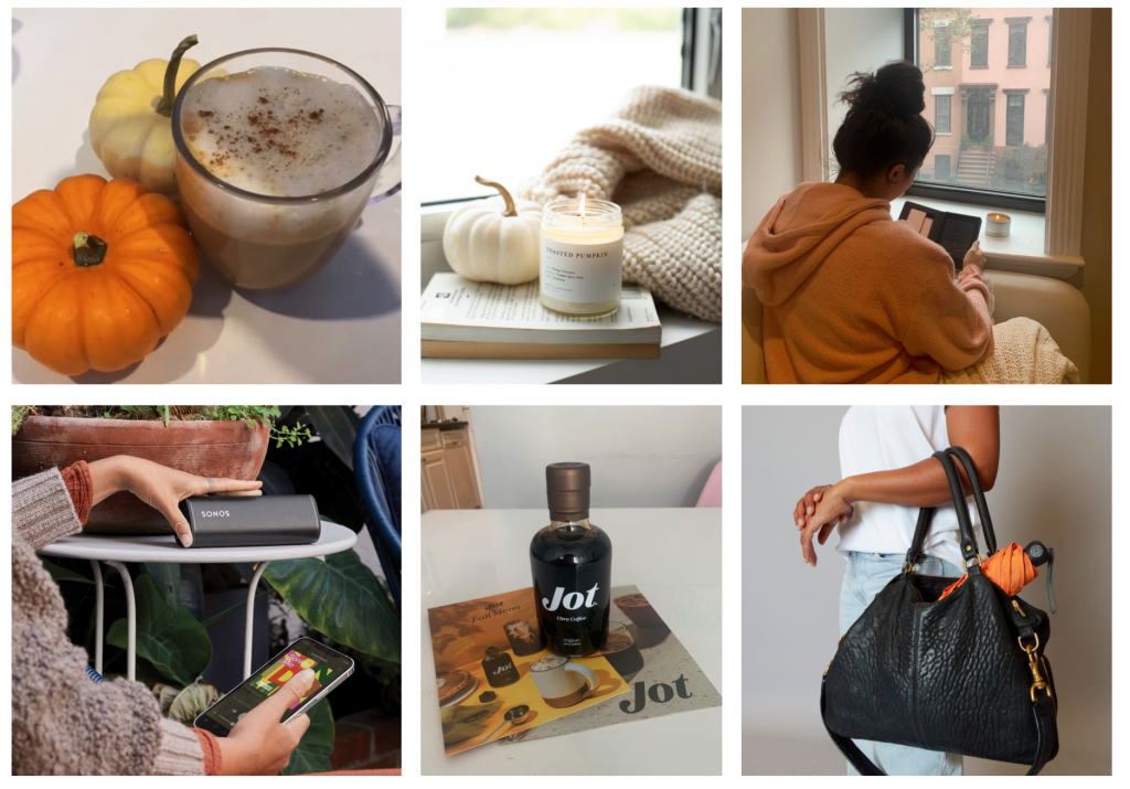 Collage of fall photos featuring a latte, candle, and speakers